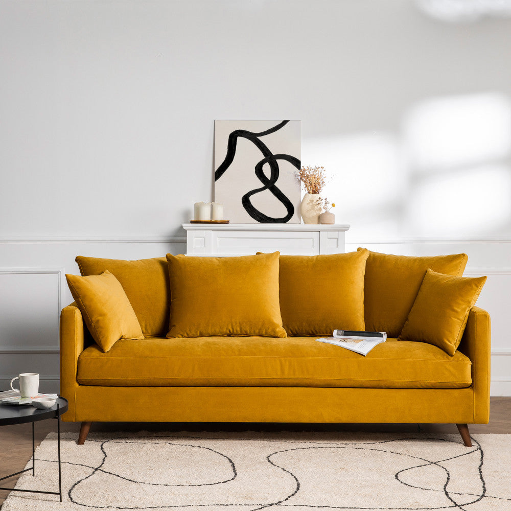 villabon-sofa-cama-de-4-plazas-en-terciopelo-con-patas-de-madera-oscura__Amarillo mostaza