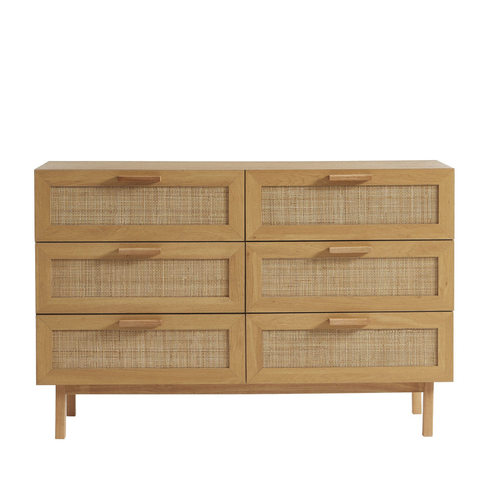 june-comoda-de-6-cajones-de-madera-y-trenzado-l130cm__Madera clara Imagen