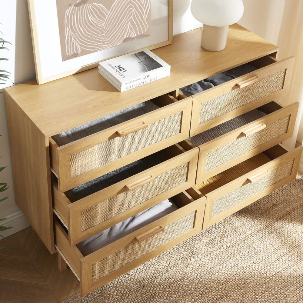 june-comoda-de-6-cajones-de-madera-y-trenzado-l130cm__Madera clara